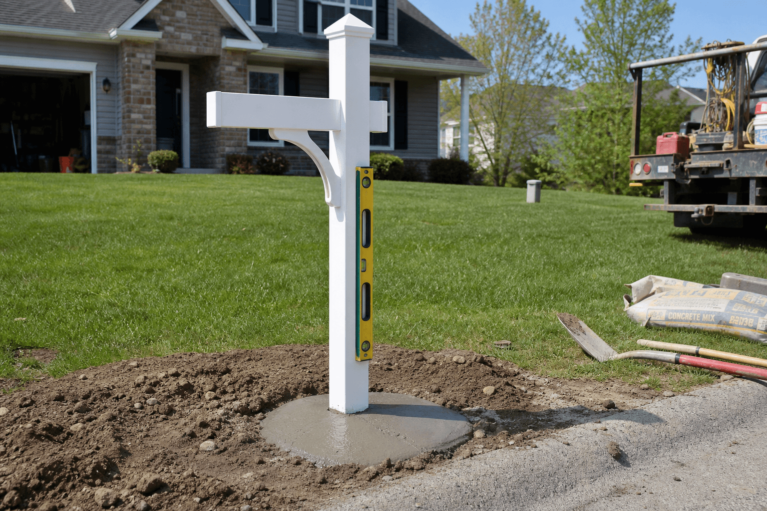 New mailbox post set in fresh concrete for a Houston installation